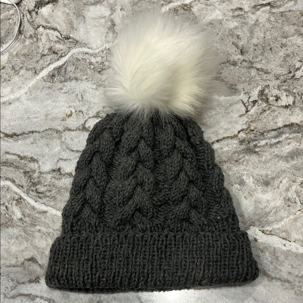 Chunky Knit Beanie with Pom Pom Gray and White Warm Winter Fall Small Business
